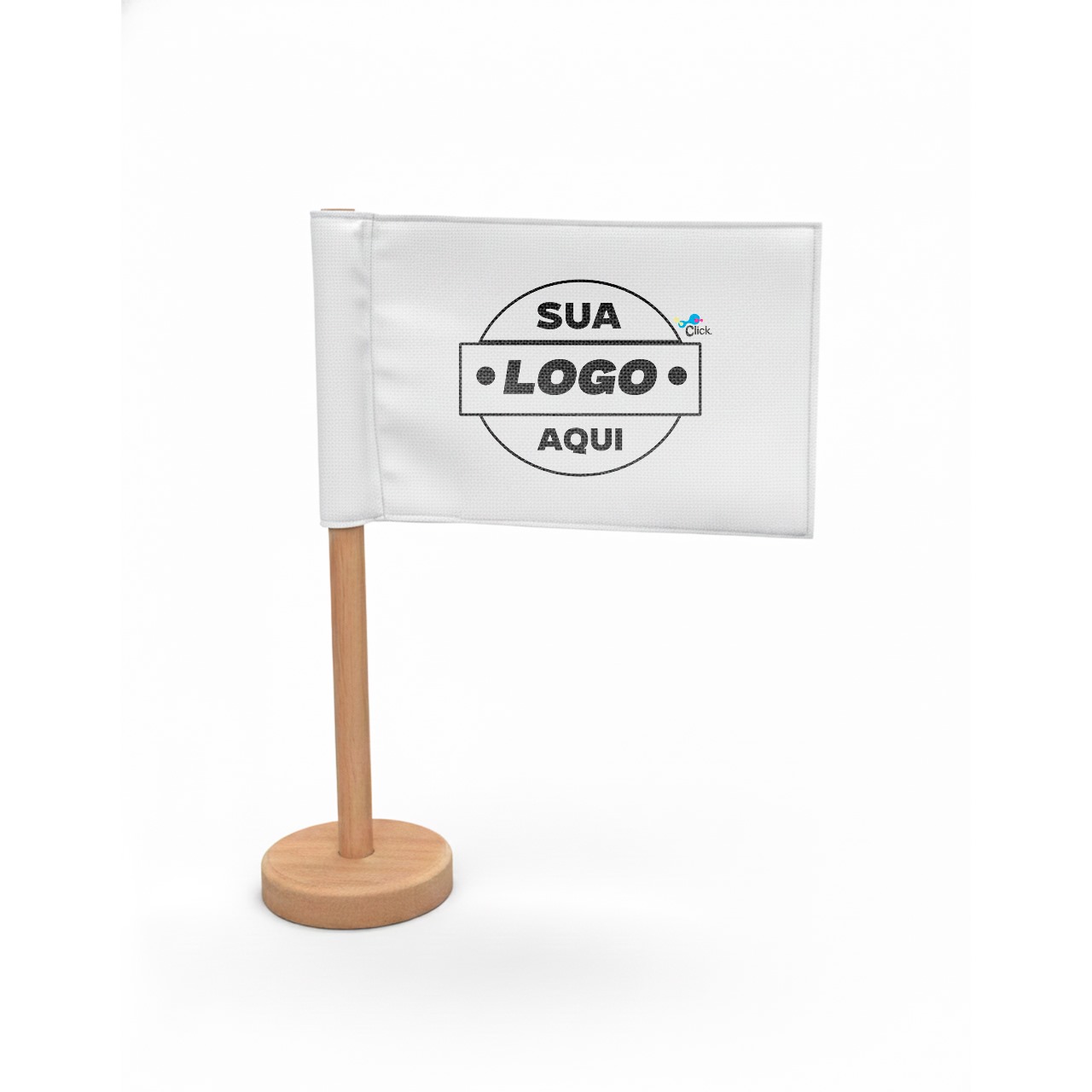 Banderia de mesa 15x20cm tecido Oxford, base redonda 9cm e haste em madeira 28cm. 4x4 cores